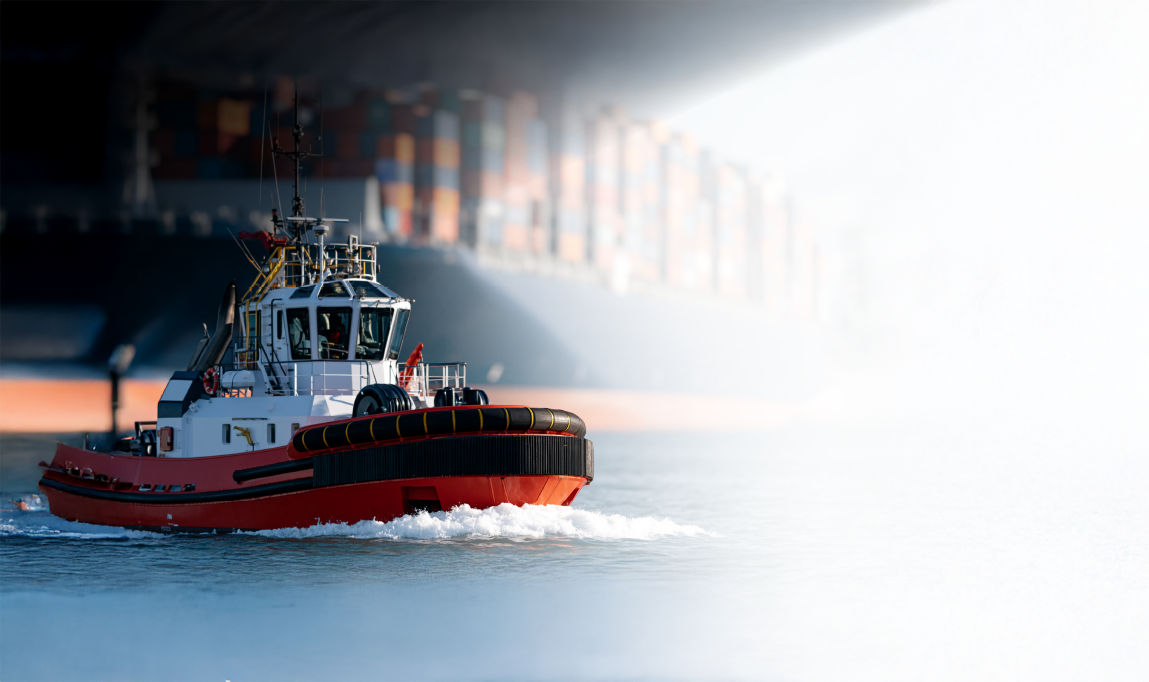 Tugboat working in a commercial harbour